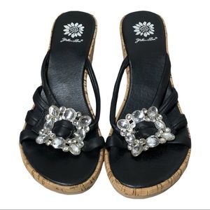 Yellow Box Black Cork  Wedge Sandals 8.5  Rhinestones Bling Summer Shoes Sandle